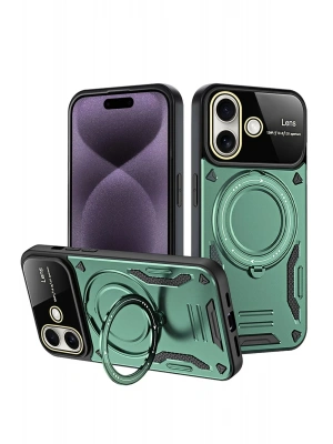 Newface iPhone 16 Kılıf Joy Lens Standlı Kapak - Koyu Yeşil