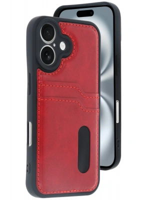 Newface iPhone 16 Kılıf Sara Kartvizitli Deri Kılıf - Kırmızı