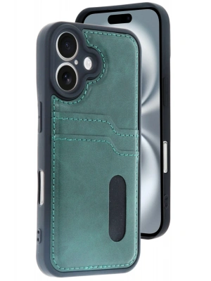Newface iPhone 16 Kılıf Sara Kartvizitli Deri Kılıf - Koyu Yeşil