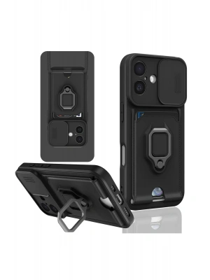 Newface iPhone 16 Kılıf Zuma Kartvizitli Yüzüklü Silikon - Siyah