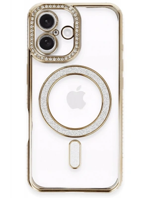 Newface iPhone 16 Plus Kılıf Joke Simli Magneticsafe Kılıf - Gold