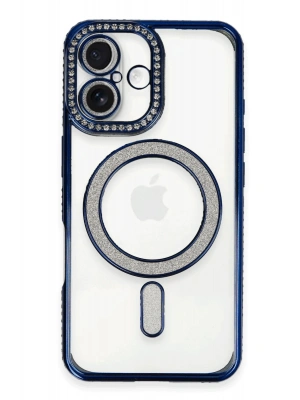 Newface iPhone 16 Plus Kılıf Joke Simli Magneticsafe Kılıf - Lacivert