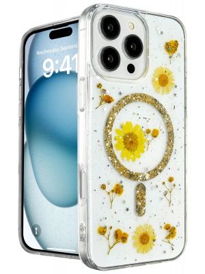 Newface iPhone 16 Pro Kılıf Daisy Simli Magsafe Kapak - Gold