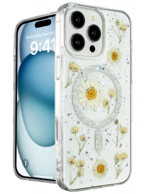 Newface iPhone 16 Pro Kılıf Daisy Simli Magsafe Kapak - Gümüş