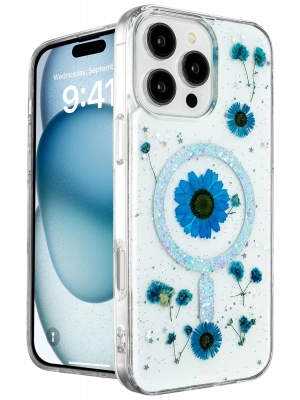 Newface iPhone 16 Pro Kılıf Daisy Simli Magsafe Kapak - Mavi