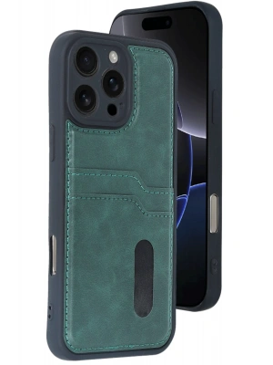 Newface iPhone 16 Pro Kılıf Sara Kartvizitli Deri Kılıf - Koyu Yeşil