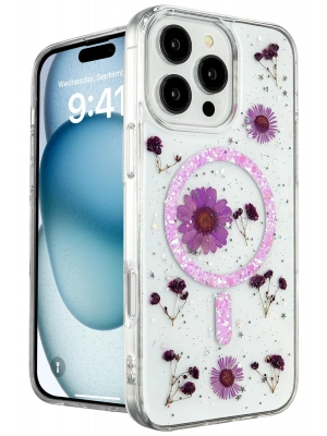 Newface iPhone 16 Pro Max Kılıf Daisy Simli Magsafe Kapak - Mor