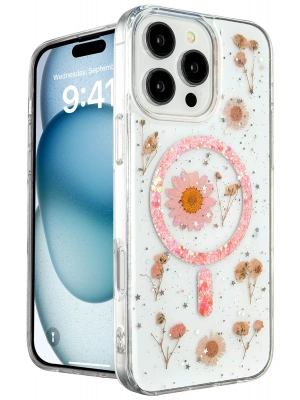 Newface iPhone 16 Pro Max Kılıf Daisy Simli Magsafe Kapak - Pembe