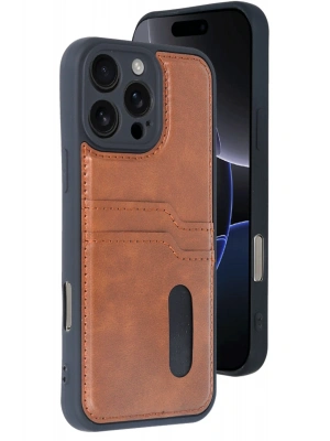 Newface iPhone 16 Pro Max Kılıf Sara Kartvizitli Deri Kılıf - Taba