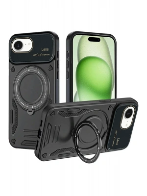 Newface iPhone 16E Kılıf Joy Lens Standlı Kapak - Siyah