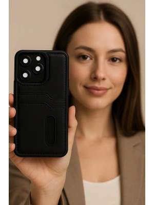 Newface iPhone 16E Kılıf Sara Kartvizitli Deri Kılıf - Siyah