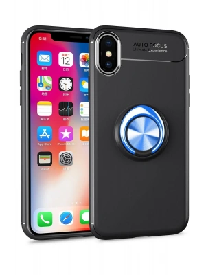 Newface iPhone XS Max Kılıf Range Yüzüklü Silikon - Siyah-Mavi