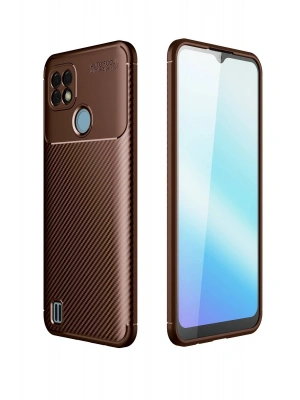 Newface Realme C21 Kılıf Auto Focus Karbon Kapak - Kahverengi