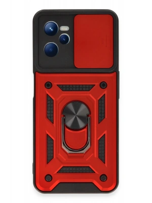 Newface Realme C35 Kılıf Pars Lens Yüzüklü Silikon - Kırmızı