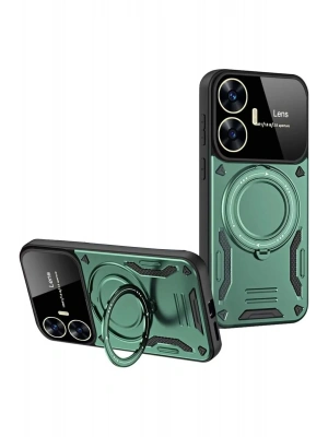 Newface Realme C55 Kılıf Joy Lens Standlı Kapak - Koyu Yeşil