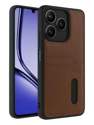 Newface Realme Note 50 4G Kılıf Sara Kartvizitli Deri Kılıf - Taba