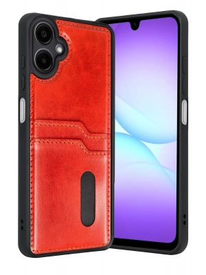 Newface Samsung Galaxy A07 4G Sara Kartvizitli Deri Kılıf - Kırmızı