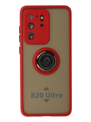 Newface Samsung Galaxy S20 Ultra Kılıf Montreal Yüzüklü Silikon Kapak - Kırmızı