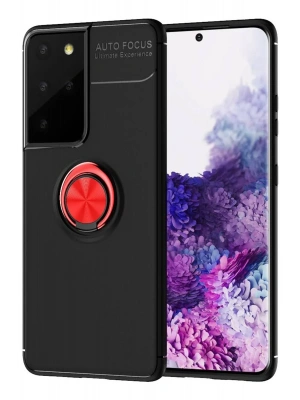 Newface Samsung Galaxy S21 Ultra Kılıf Range Yüzüklü Silikon - Siyah-Kırmızı