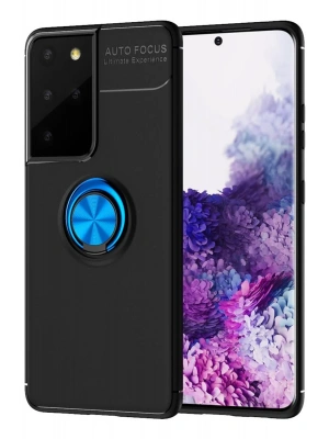 Newface Samsung Galaxy S21 Ultra Kılıf Range Yüzüklü Silikon - Siyah-Mavi