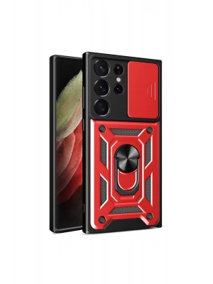 Newface Samsung Galaxy S23 Ultra Kılıf Pars Lens Yüzüklü Silikon - Kırmızı