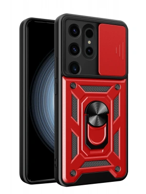 Newface Samsung Galaxy S24 Ultra Kılıf Pars Lens Yüzüklü Silikon - Kırmızı