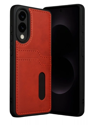 Newface Samsung Galaxy S25 Edge Sara Kartvizitli Deri Kılıf - Kırmızı