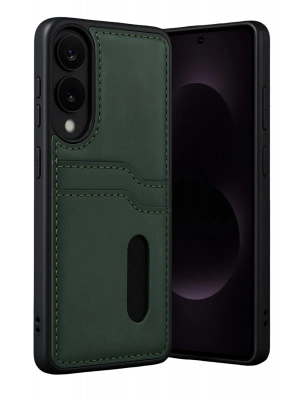 Newface Samsung Galaxy S25 Edge Sara Kartvizitli Deri Kılıf - Koyu Yeşil