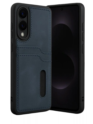 Newface Samsung Galaxy S25 Edge Sara Kartvizitli Deri Kılıf - Lacivert