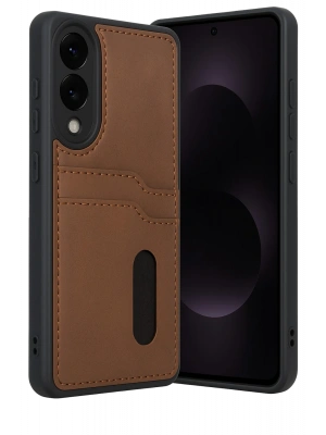 Newface Samsung Galaxy S25 Edge Sara Kartvizitli Deri Kılıf - Taba