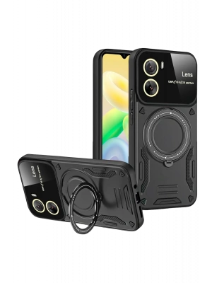 Newface Vivo Y16 Kılıf Joy Lens Standlı Kapak - Siyah