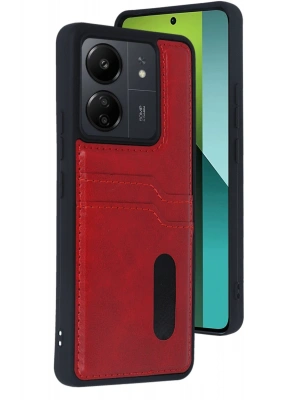 Newface Xiaomi Redmi 13C Kılıf Sara Kartvizitli Deri Kılıf - Kırmızı