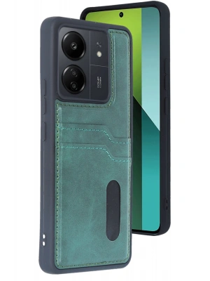 Newface Xiaomi Redmi 13C Kılıf Sara Kartvizitli Deri Kılıf - Koyu Yeşil