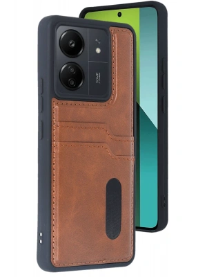 Newface Xiaomi Redmi 13C Kılıf Sara Kartvizitli Deri Kılıf - Taba