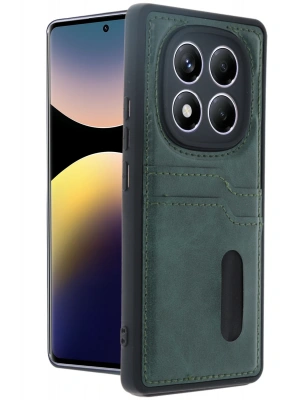 Newface Xiaomi Redmi Note 14 Pro 4G Kılıf Sara Kartvizitli Deri Kılıf - Koyu Yeşil