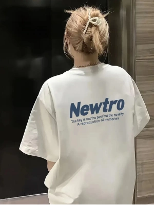 Newtro Baskılı Oversize Bisiklet Yaka T-shirt - Beyaz