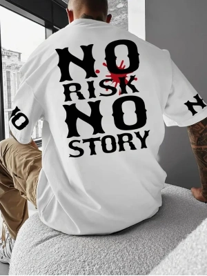 No Risk No Story Baskılı Oversize Bisiklet Yaka T-shirt - Beyaz