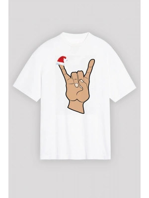 Noel Başlıklı Serçe Parmak T-shirt - Beyaz