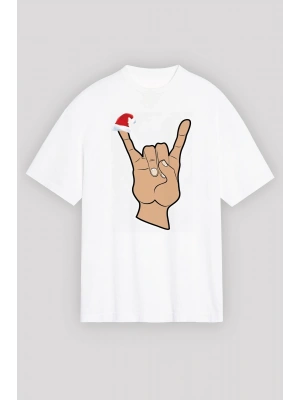 Noel Başlıklı Serçe Parmak T-shirt - Beyaz