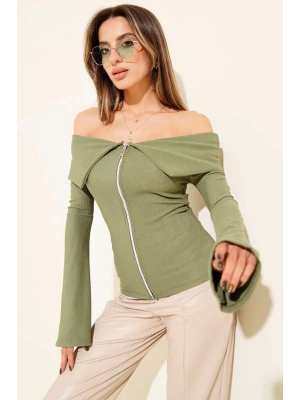 Omzu Açık Fermuarlı Bluz haki T4330