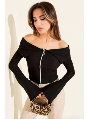 Omzu Açık Fermuarlı Bluz siyah T4330