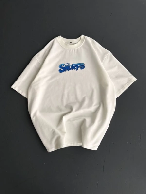 Ön ve Arka Baskılı Oversize Bisiklet Yaka T-shirt- Beyaz