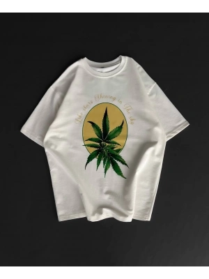 Ön ve Arka Baskılı Oversize Bisiklet Yaka T-shirt- Beyaz