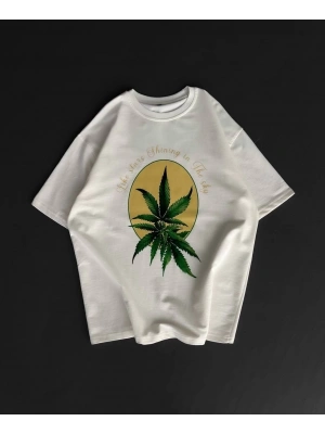 Ön ve Arka Baskılı Oversize Bisiklet Yaka T-shirt- Beyaz