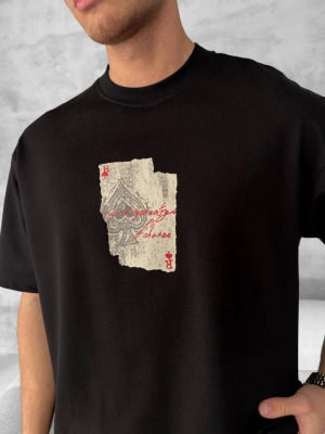 Ön ve Arka Baskılı Oversize Bisiklet Yaka T-shirt - Siyah