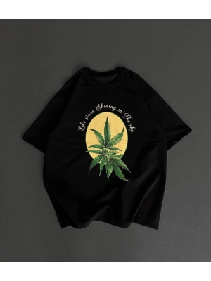 Ön ve Arka Baskılı Oversize Bisiklet Yaka T-shirt- Siyah