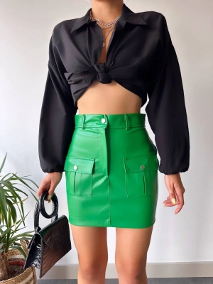 Önden iki cepli deri etek yeşil h240040