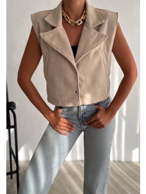 Önü çıtçıtlı cepli kaşe yelek bej f2253