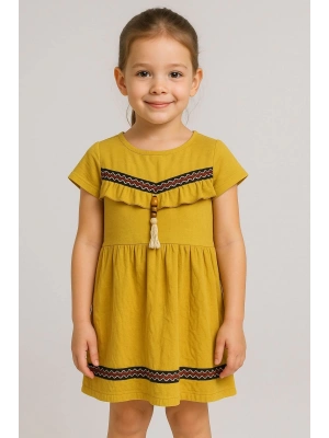 Önü püsküllü boncuk detaylı kız çocuk elbisesi hardal