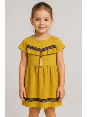Önü püsküllü boncuk detaylı kız çocuk elbisesi hardal